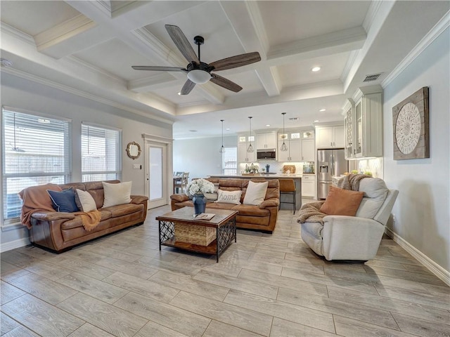 living room with baseboards, visible vents, coffered ceiling, and beamed ceiling