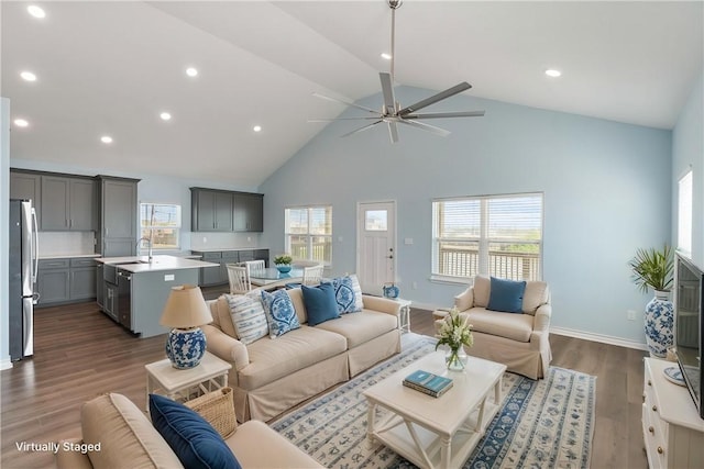 113 Knickerbocker St, Corpus Christi, TX 78418 - living area featuring high vaulted ceiling, a ceiling fan, dark wood-type flooring, baseboards, and recessed lighting