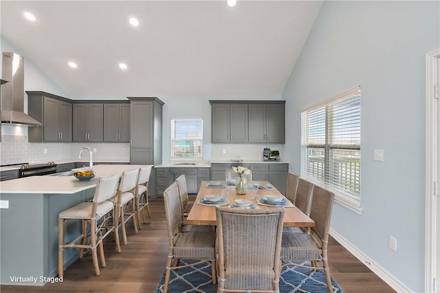 113 Knickerbocker St, Corpus Christi, TX 78418 - dining space featuring dark wood-style floors, healthy amount of natural light, recessed lighting, baseboards, and high vaulted ceiling