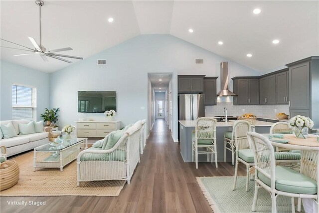 113 Knickerbocker St, Corpus Christi, TX 78418 - living room with ceiling fan, wood finished floors, high vaulted ceiling, and recessed lighting