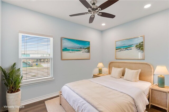 113 Knickerbocker St, Corpus Christi, TX 78418 - bedroom with wood finished floors, baseboards, recessed lighting, and ceiling fan