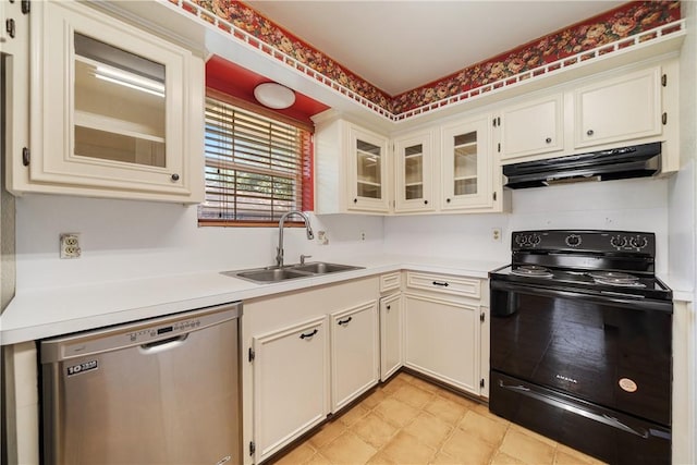 13341 Scenic Cir, Corpus Christi, TX 78410 - kitchen featuring stainless steel dishwasher, black range with electric stovetop, under cabinet range hood, light countertops, and glass insert cabinets
