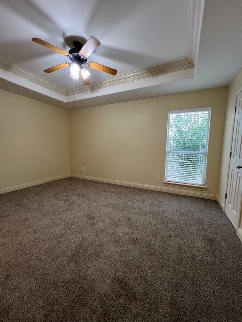 carpeted spare room featuring ceiling fan, crown molding, and a tray ceiling