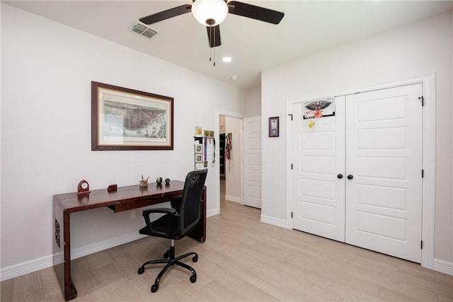 4101 Karo Dr, Corpus Christi, TX 78414 - office with a ceiling fan, light wood-style floors, and recessed lighting