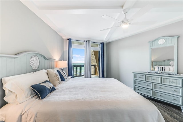 bedroom featuring access to outside, a ceiling fan, and dark wood-type flooring