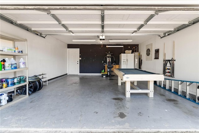 3837 Brockhampton Ct, Corpus Christi, TX 78414 - garage with white refrigerator with ice dispenser, electric water heater, and a garage door opener