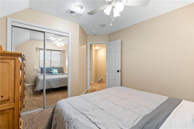 3837 Brockhampton Ct, Corpus Christi, TX 78414 - carpeted bedroom featuring a closet, a ceiling fan, and vaulted ceiling
