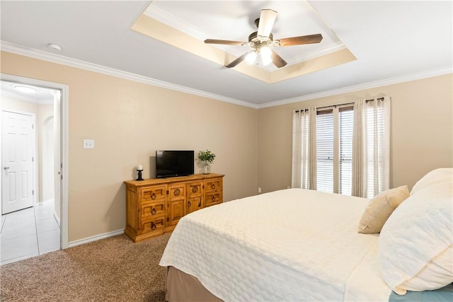 3837 Brockhampton Ct, Corpus Christi, TX 78414 - bedroom with a raised ceiling, ornamental molding, light colored carpet, and ceiling fan