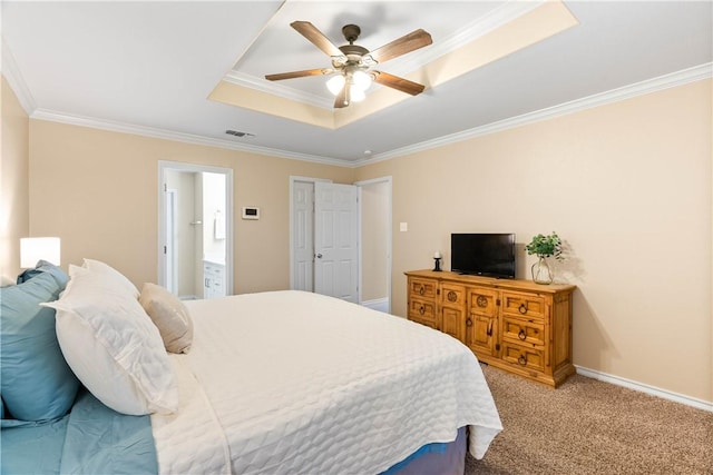 3837 Brockhampton Ct, Corpus Christi, TX 78414 - bedroom with a raised ceiling, ornamental molding, light colored carpet, ensuite bath, and a ceiling fan