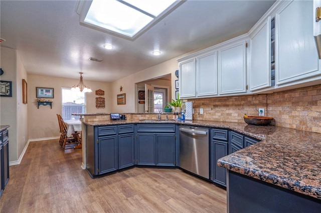 kitchen with blue cabinets, sink, white cabinetry, stainless steel dishwasher, and kitchen peninsula