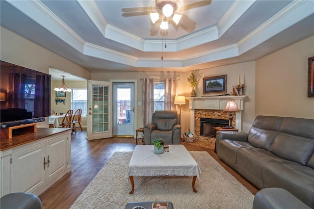 living room featuring a fireplace, plenty of natural light, a tray ceiling, and dark hardwood / wood-style flooring