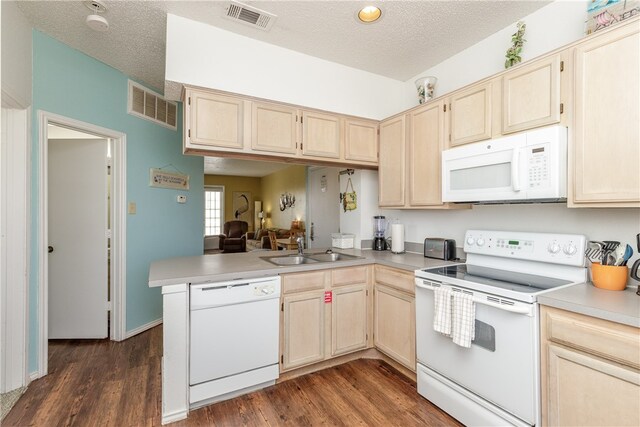 kitchen featuring a textured ceiling, dark hardwood / wood-style flooring, sink, and white appliances