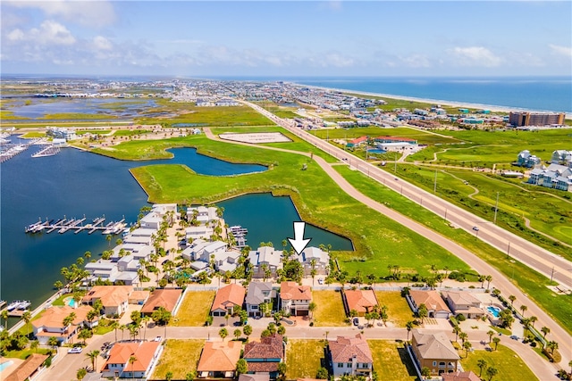 drone / aerial view with a water view