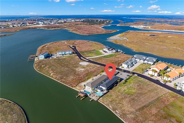 drone / aerial view featuring a water view