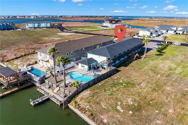 aerial view featuring a water view