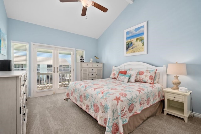 bedroom featuring access to outside, light carpet, ceiling fan, and high vaulted ceiling