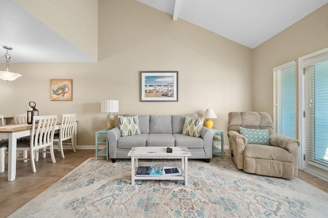 living room with lofted ceiling