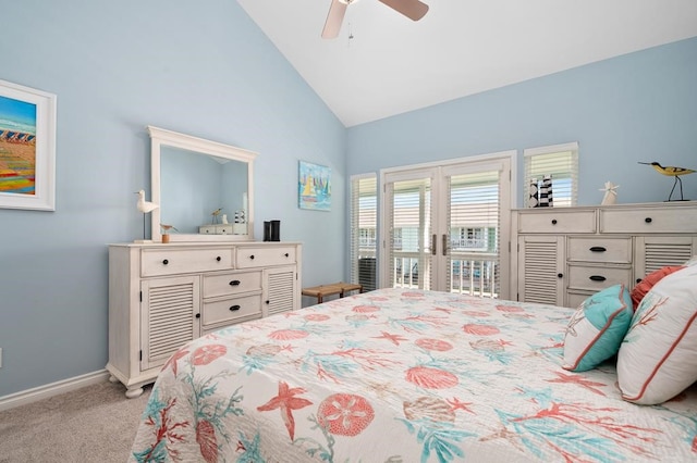 bedroom featuring ceiling fan, light carpet, and high vaulted ceiling