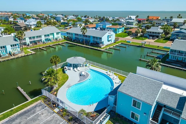 bird's eye view with a water view