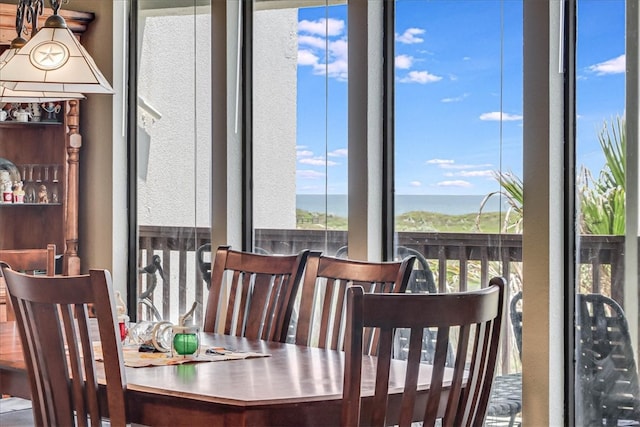 dining space with a water view