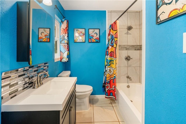101 Llano Dr, Portland, TX 78374 - bathroom featuring tile patterned floors, backsplash, toilet, shower / bathtub combination with curtain, and vanity