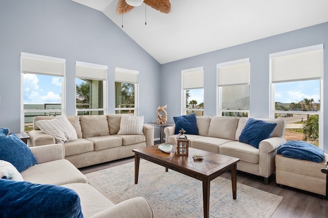 1819 Bay Shore Dr, Rockport, TX 78382 - living room with wood finished floors, high vaulted ceiling, and ceiling fan