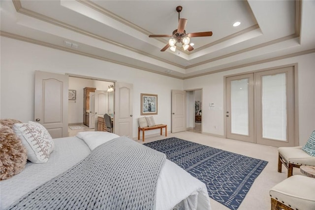 46 E Bar Le Doc Dr, Corpus Christi, TX 78414 - carpeted bedroom featuring a tray ceiling, crown molding, french doors, a ceiling fan, and recessed lighting
