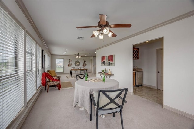 46 E Bar Le Doc Dr, Corpus Christi, TX 78414 - dining area with light carpet, ornamental molding, a ceiling fan, baseboards, and recessed lighting