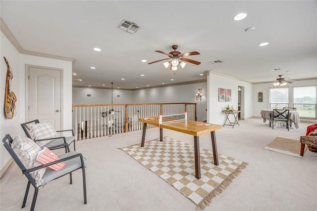 46 E Bar Le Doc Dr, Corpus Christi, TX 78414 - game room with a ceiling fan, carpet flooring, ornamental molding, recessed lighting, and baseboards
