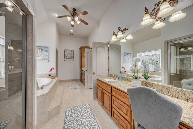 46 E Bar Le Doc Dr, Corpus Christi, TX 78414 - bathroom featuring vanity, a stall shower, a garden tub, tile patterned flooring, and ceiling fan