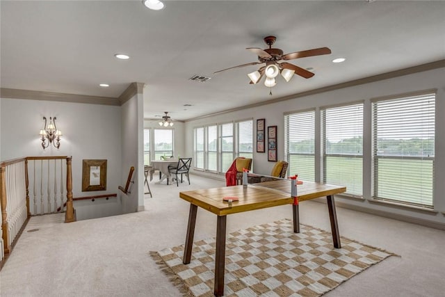 46 E Bar Le Doc Dr, Corpus Christi, TX 78414 - office featuring a ceiling fan, ornamental molding, light colored carpet, and recessed lighting