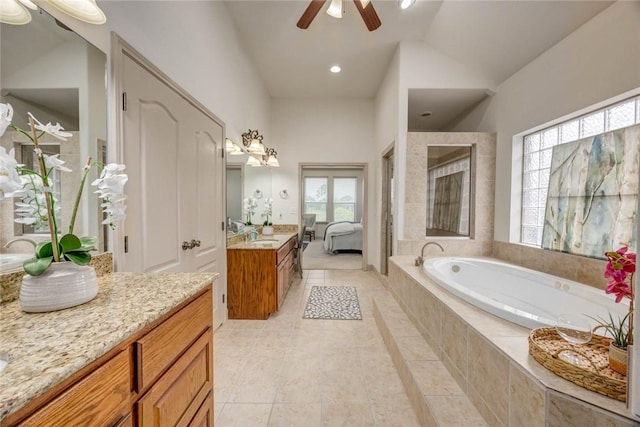 46 E Bar Le Doc Dr, Corpus Christi, TX 78414 - full bathroom with ceiling fan, a bath, tile patterned floors, vanity, and recessed lighting