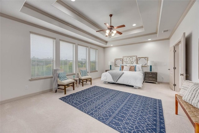 46 E Bar Le Doc Dr, Corpus Christi, TX 78414 - carpeted bedroom with a tray ceiling, ornamental molding, baseboards, ceiling fan, and recessed lighting