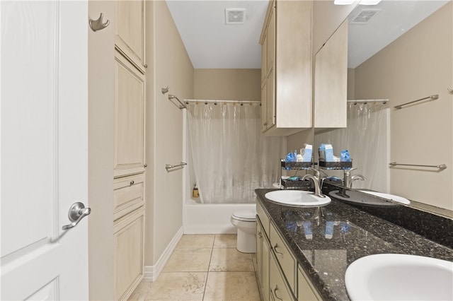 full bathroom featuring shower / tub combo with curtain, vanity, toilet, and tile patterned flooring