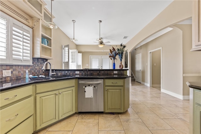 kitchen with green cabinetry, sink, decorative backsplash, dishwasher, and ceiling fan