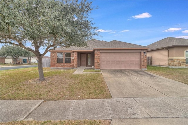 single story home featuring a garage and a front lawn