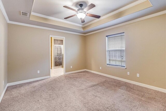 carpeted spare room featuring ceiling fan, ornamental molding, and a raised ceiling