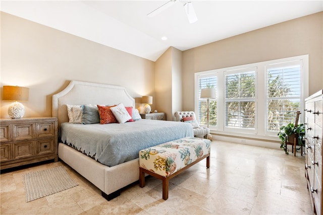 bedroom featuring vaulted ceiling and ceiling fan