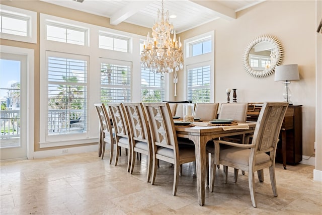 dining room with beamed ceiling, a healthy amount of sunlight, and a chandelier