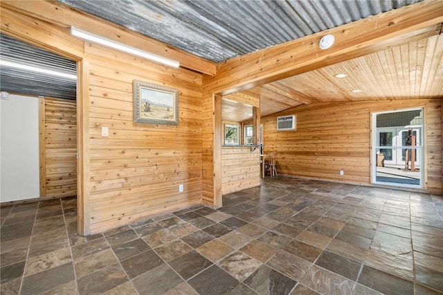 interior space with lofted ceiling, wood walls, and wood ceiling