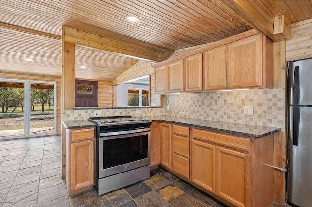 kitchen featuring stainless steel appliances, dark stone countertops, decorative backsplash, wooden ceiling, and beam ceiling