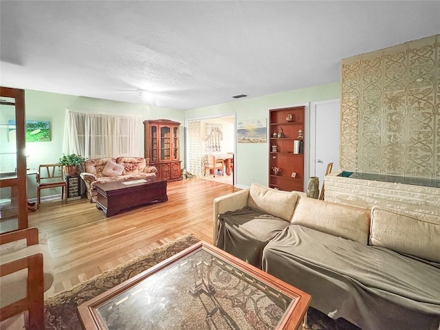 living room with ceiling fan and hardwood / wood-style flooring