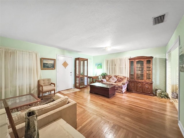 living room with a textured ceiling and light hardwood / wood-style flooring