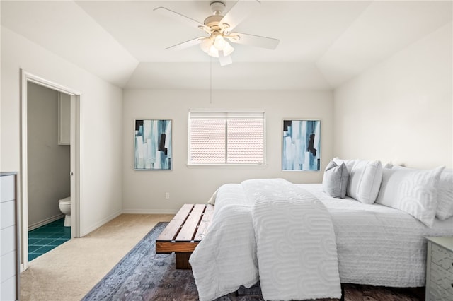 13726 Cayo Gorda Ct, Corpus Christi, TX 78418 - bedroom with carpet flooring, a ceiling fan, ensuite bathroom, baseboards, and lofted ceiling