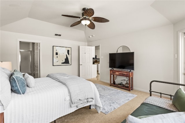 13726 Cayo Gorda Ct, Corpus Christi, TX 78418 - bedroom featuring baseboards, ceiling fan, visible vents, vaulted ceiling, and light carpet