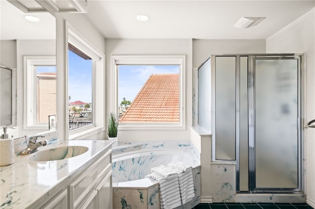 13726 Cayo Gorda Ct, Corpus Christi, TX 78418 - bathroom with tile patterned floors, a bath, vanity, and a shower stall