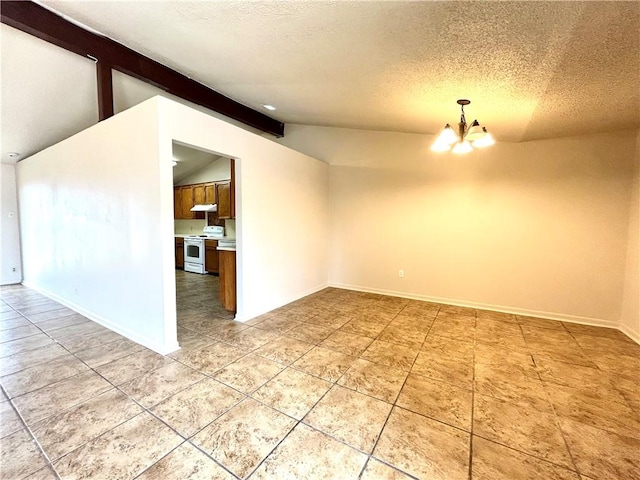 tiled empty room with vaulted ceiling with beams, a textured ceiling, and an inviting chandelier