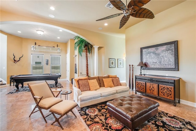134 La Joya Prt, Aransas, TX 78373 - living area with arched walkways, billiards, recessed lighting, ceiling fan, and baseboards