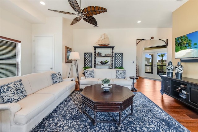 134 La Joya Prt, Aransas, TX 78373 - living room with ceiling fan, wood finished floors, and recessed lighting