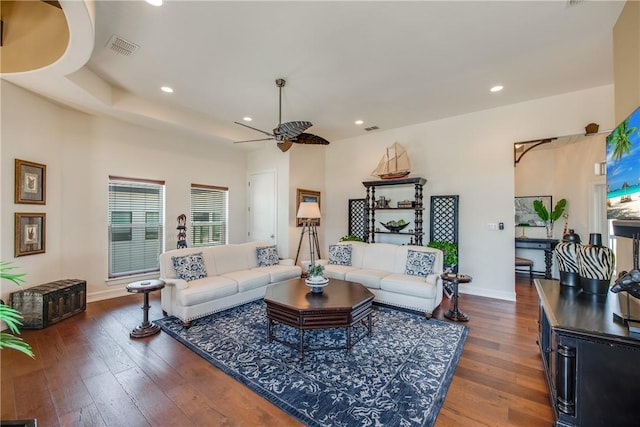 134 La Joya Prt, Aransas, TX 78373 - living room with ceiling fan, wood-type flooring, baseboards, and recessed lighting